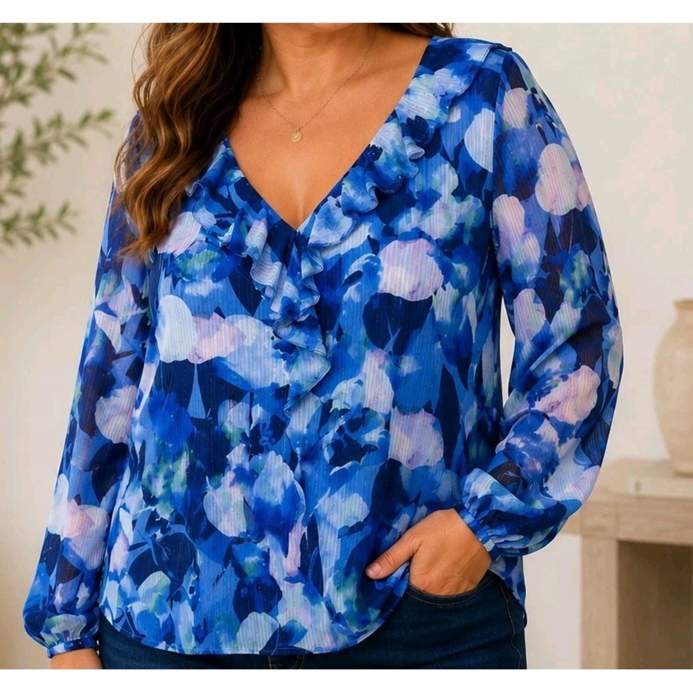 Soft Surroundings 1X Blue Floral Ruffle V-Neck Sheer Lined Long Sleeve Blouse